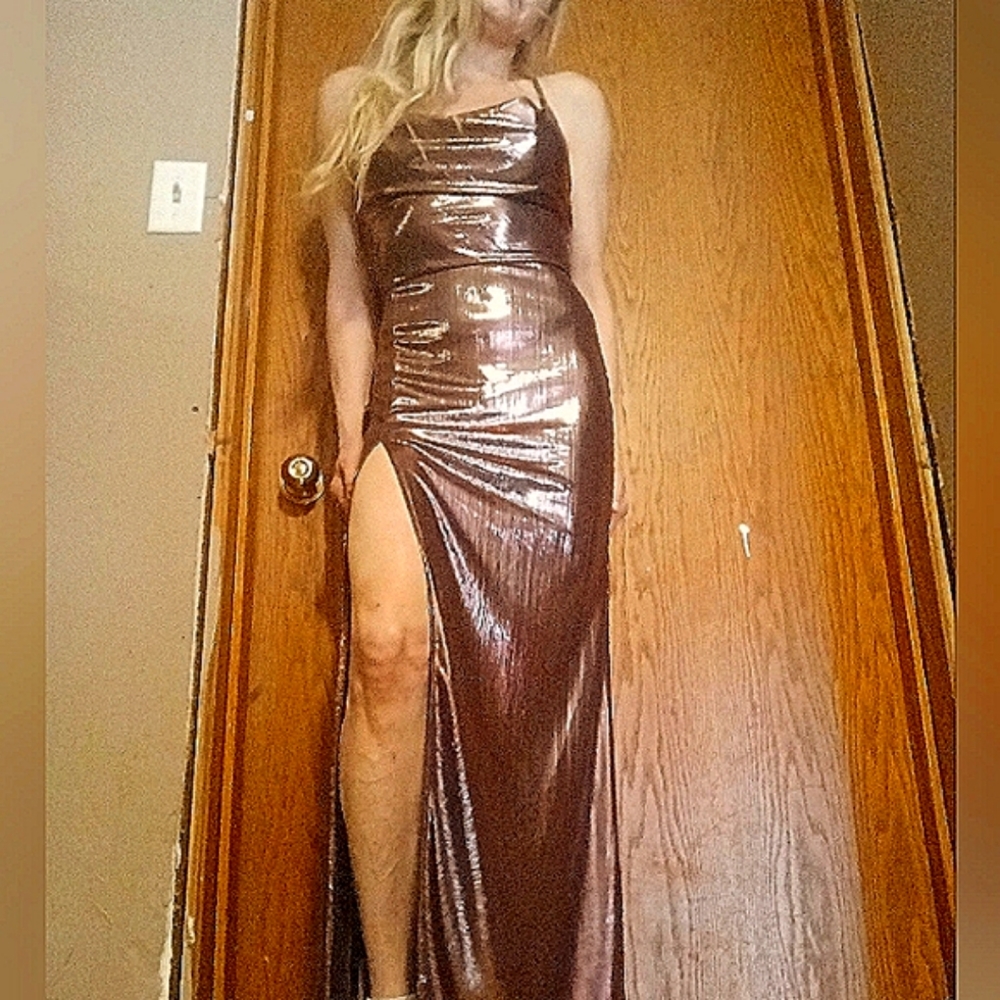 Long gold metallic dress wet look shiny high leg split homecoming